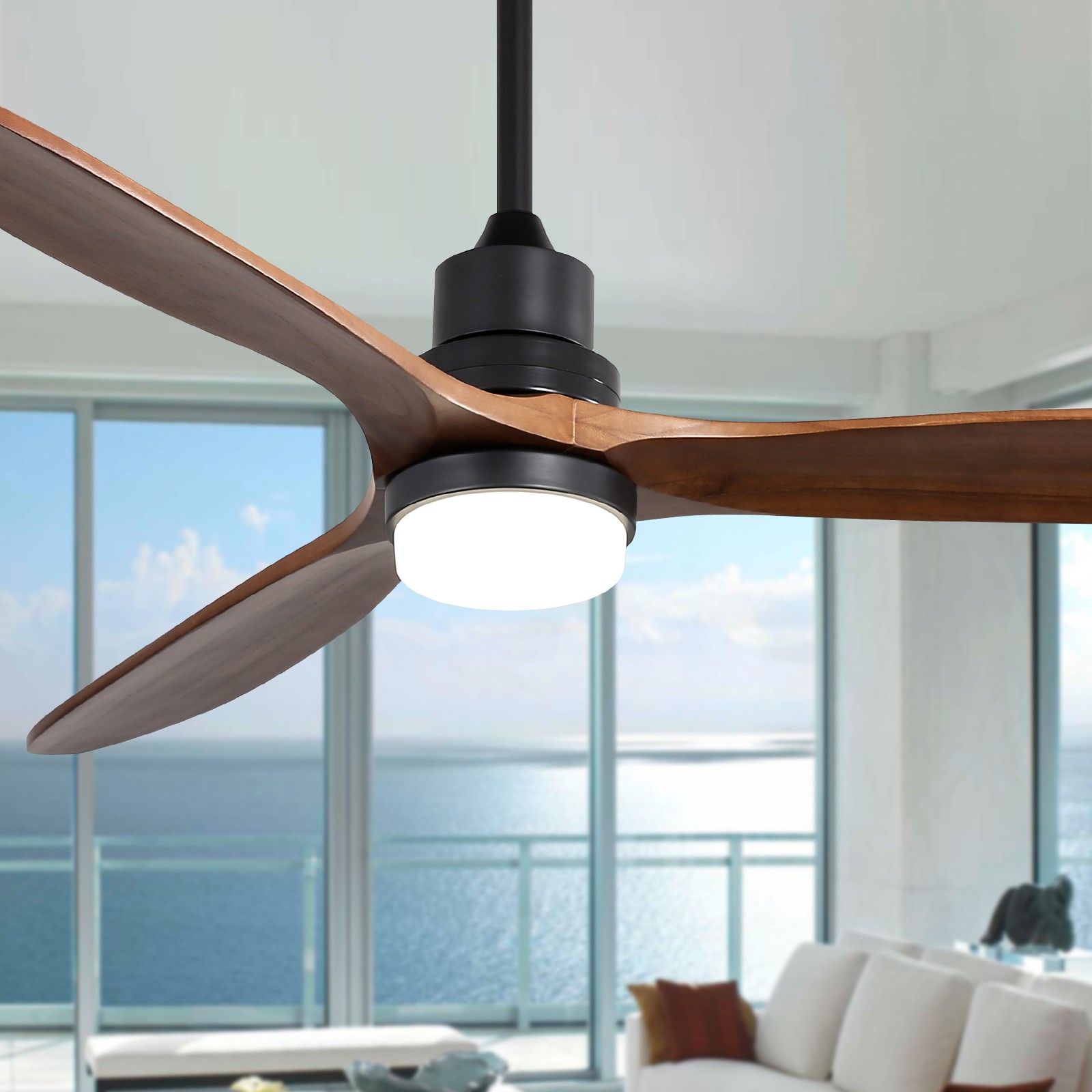 60" Ceiling Fan With Lights 3 Solid Wood Fan Blade Noiseless Reversible Motor