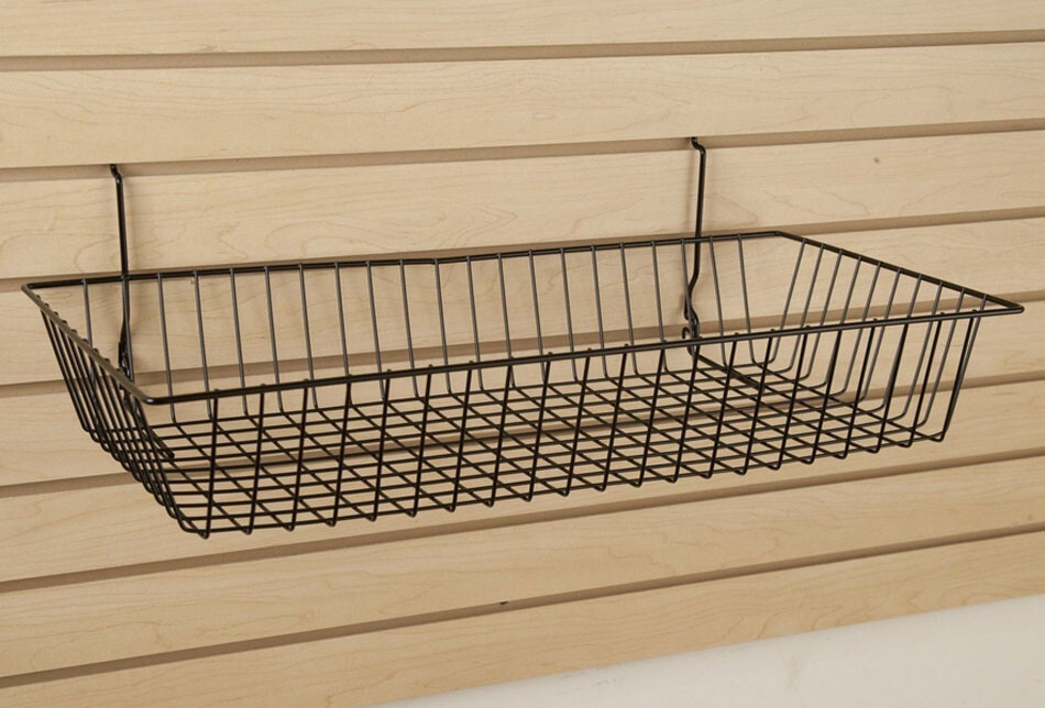 6 Pc Gloss Black Slatwall Gridwall Pegboard Shallow Basket Display Rack 24x12x4