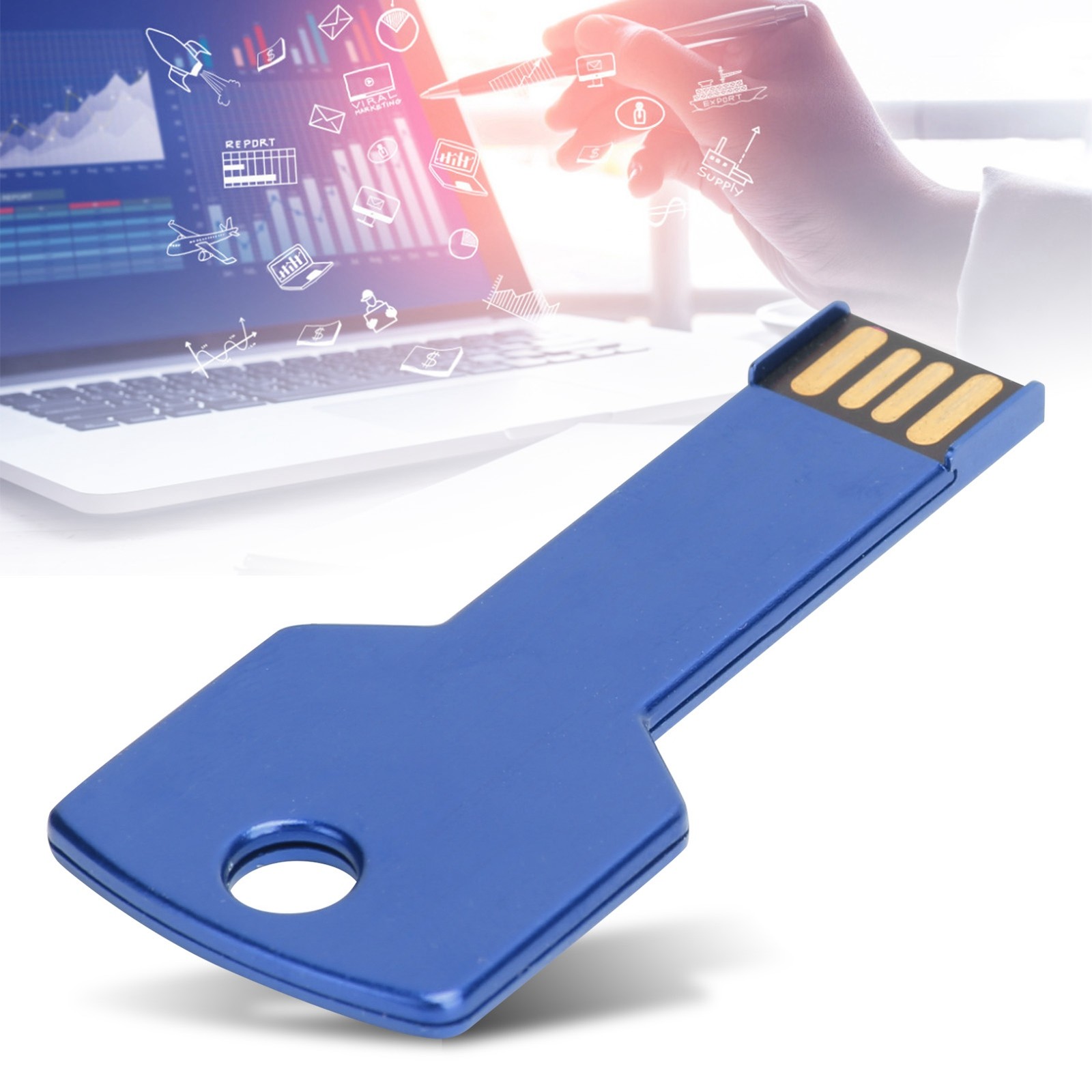 Blue USB Flash Drive Key Shape USB Memory Disc Plug And Play U Disc For Com QBUU