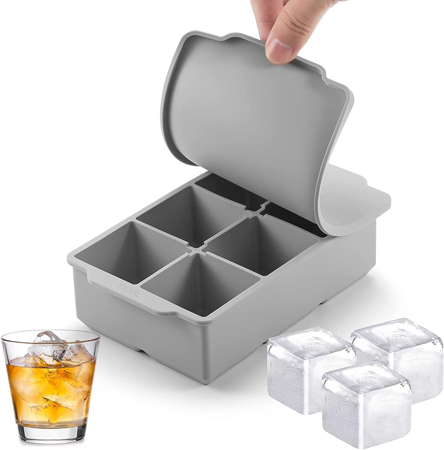 Nax Caki Large Ice Cube Tray with Lid, Stackable Big Silicone Square Ice Cube Mo