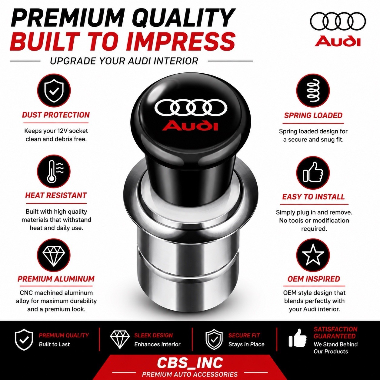Audi Logo Car Cigarette Lighter Plug Push Button 12V Universal Auto Accessory