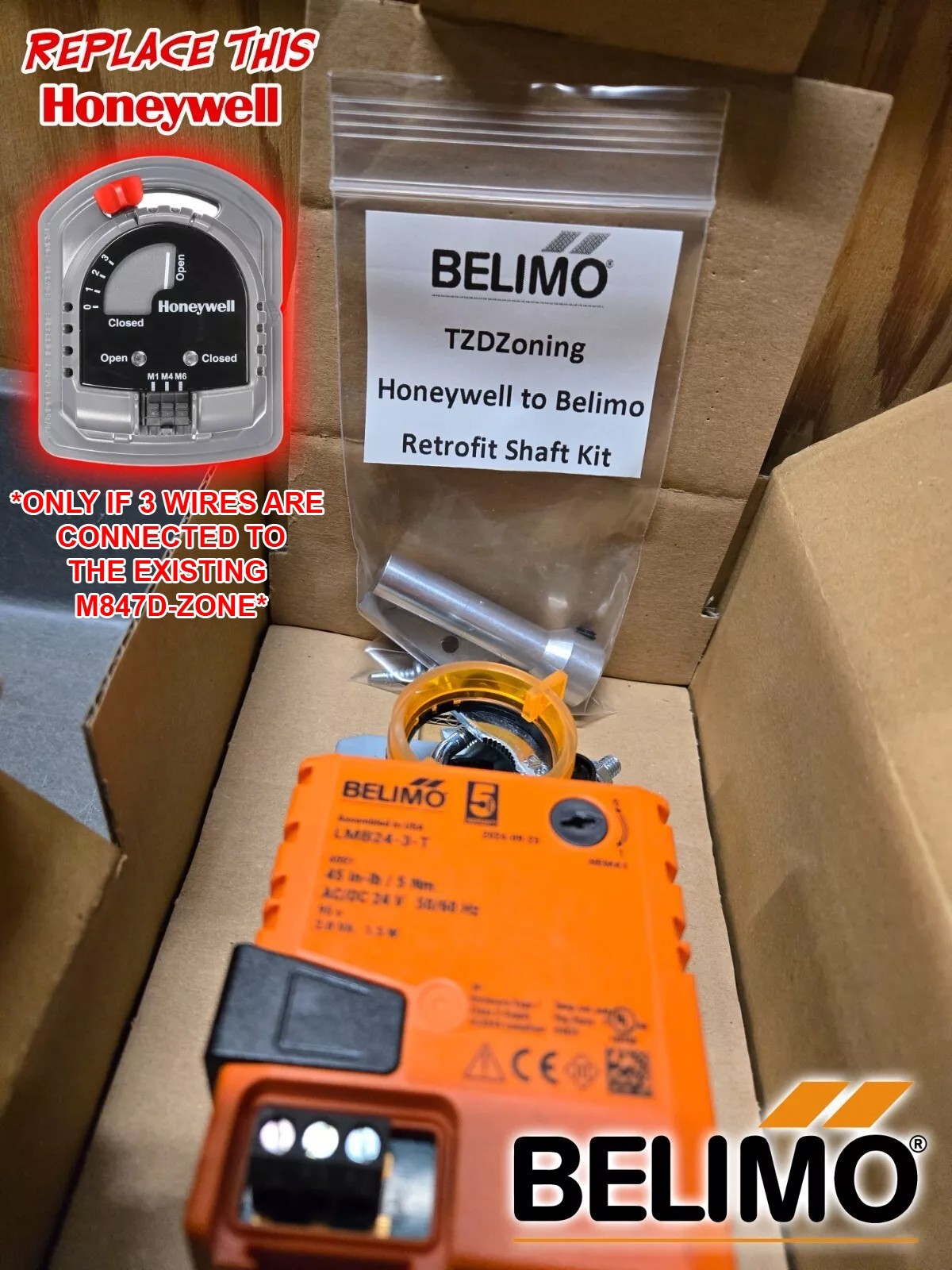 Belimo Retrofit Kit for Honeywell M847D Zone Damper LMB24-3-T Floating Actuator