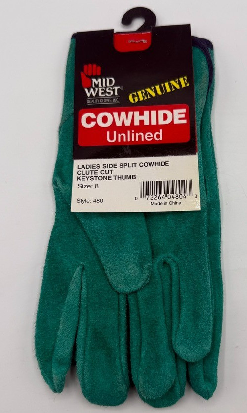 Midwest  Quality Glove Cowhide Leather Work Gloves, Blue Green Teal, Lady, 8