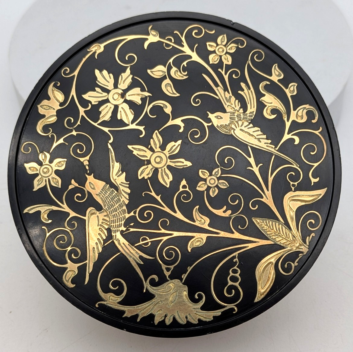 Oneida Brass Trinket Box Black Enamel Lid Birds
