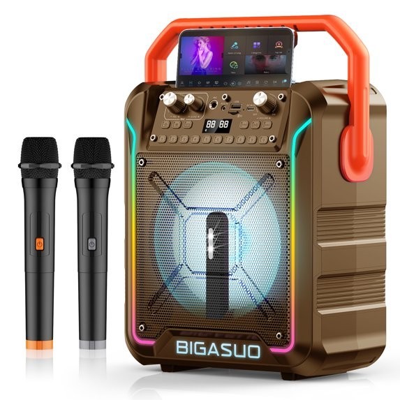 BIGASUO KA220 Black Bluetooth Portable Karaoke Machine w/ 2 Wireless Microphones