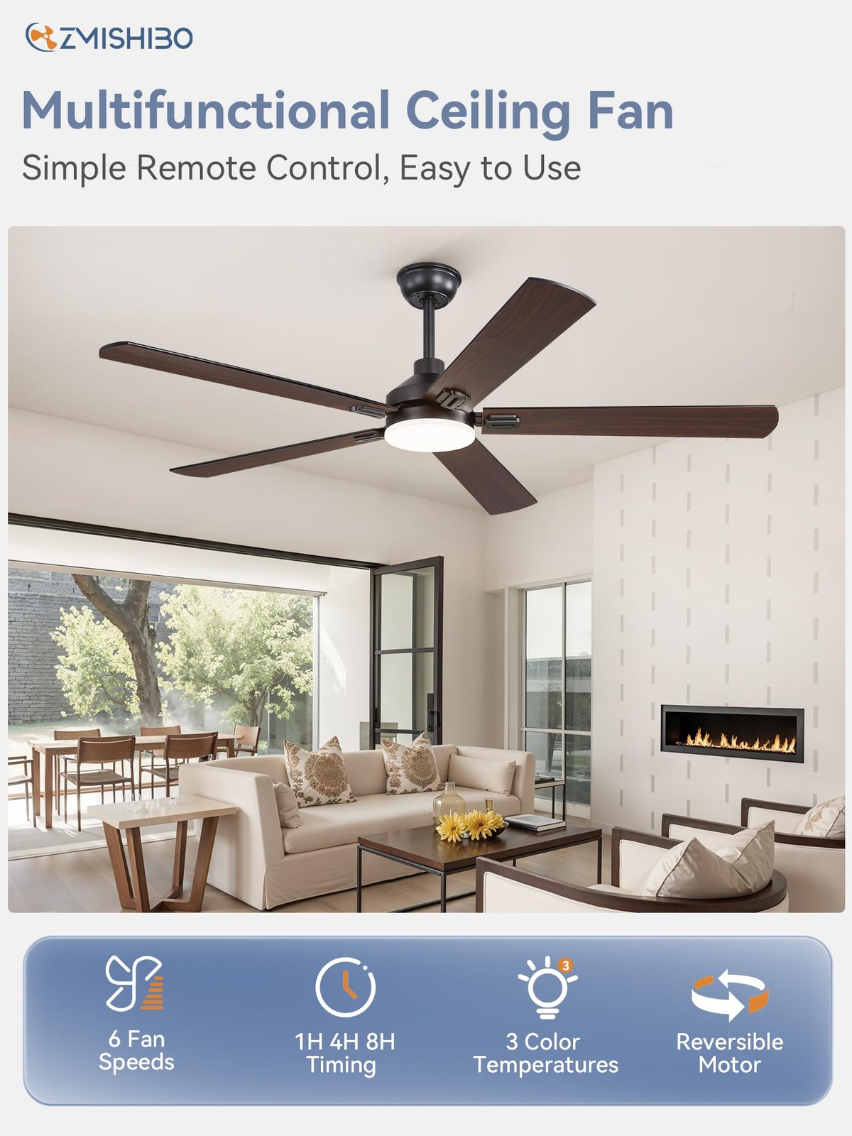 Zmishibo 60 Ceiling Fan with Light - Modern Black Remote Control