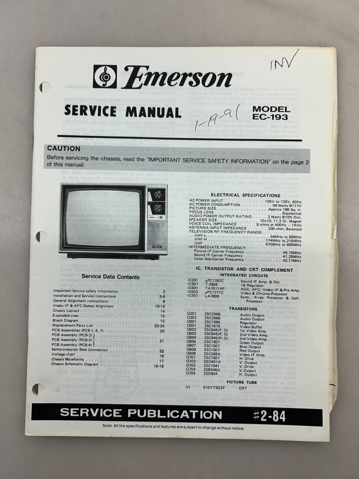 Emerson EC193 Original Service Manual Free Shipping