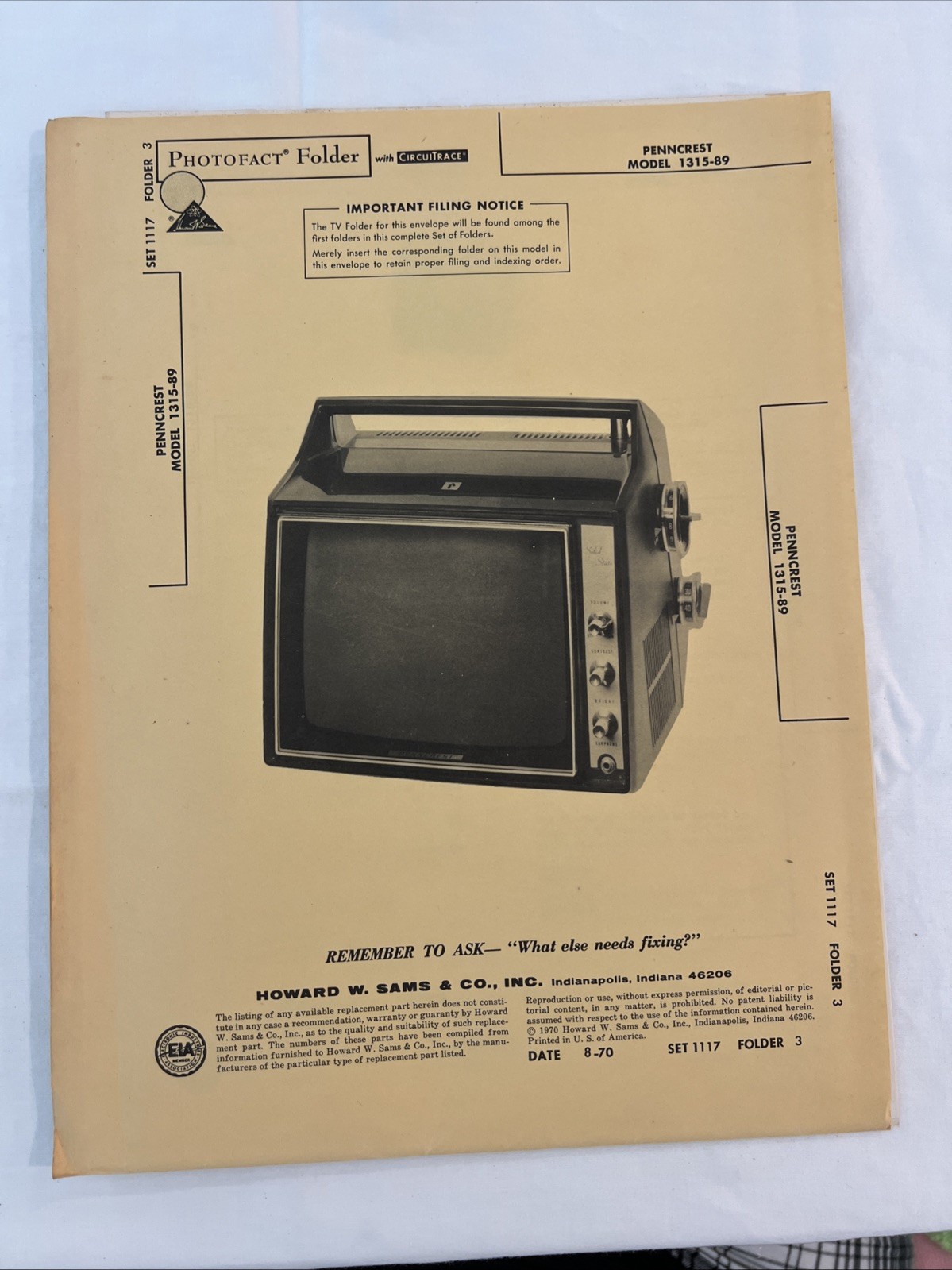 Vintage Sams Photofact Schematic 8-1970 PENNCRESTMODEL 1315-89