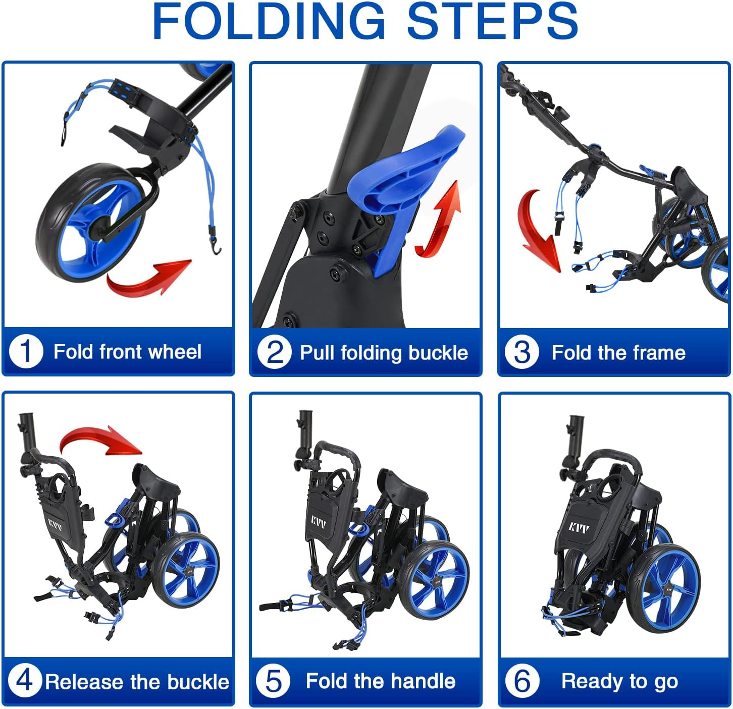 KVV 3 Wheel Golf Push Cart Ultra Lightweight Smallest Folding Size, New-Version