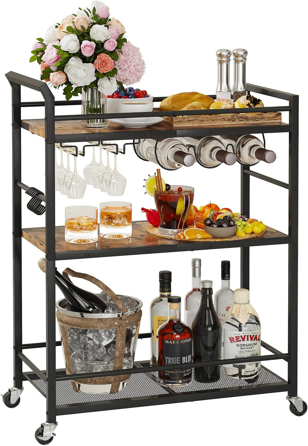 Rustic 3-Tier Rolling Bar Cart with Wine Rack & Glass Holders - Brown
