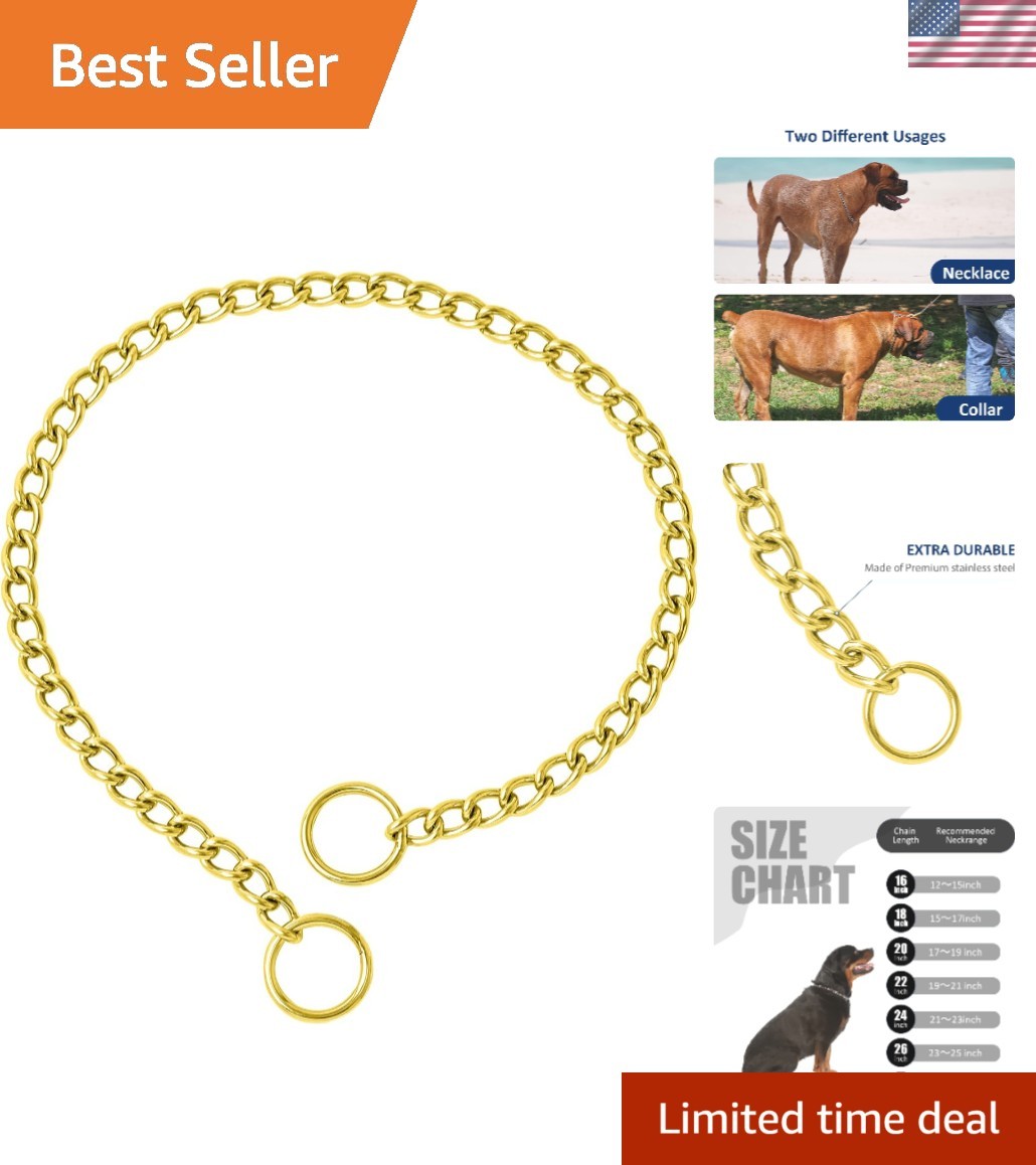 Durable Gold Dog Collar - Metal Slip Choke Collar for Training & Control, M