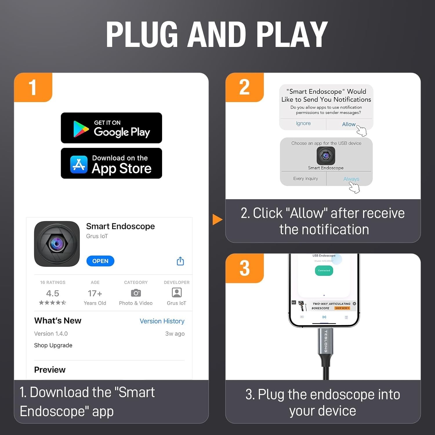 Teslong 2.0MP USB-C Inspection Camera Auto Focus Borescope for Plumbing