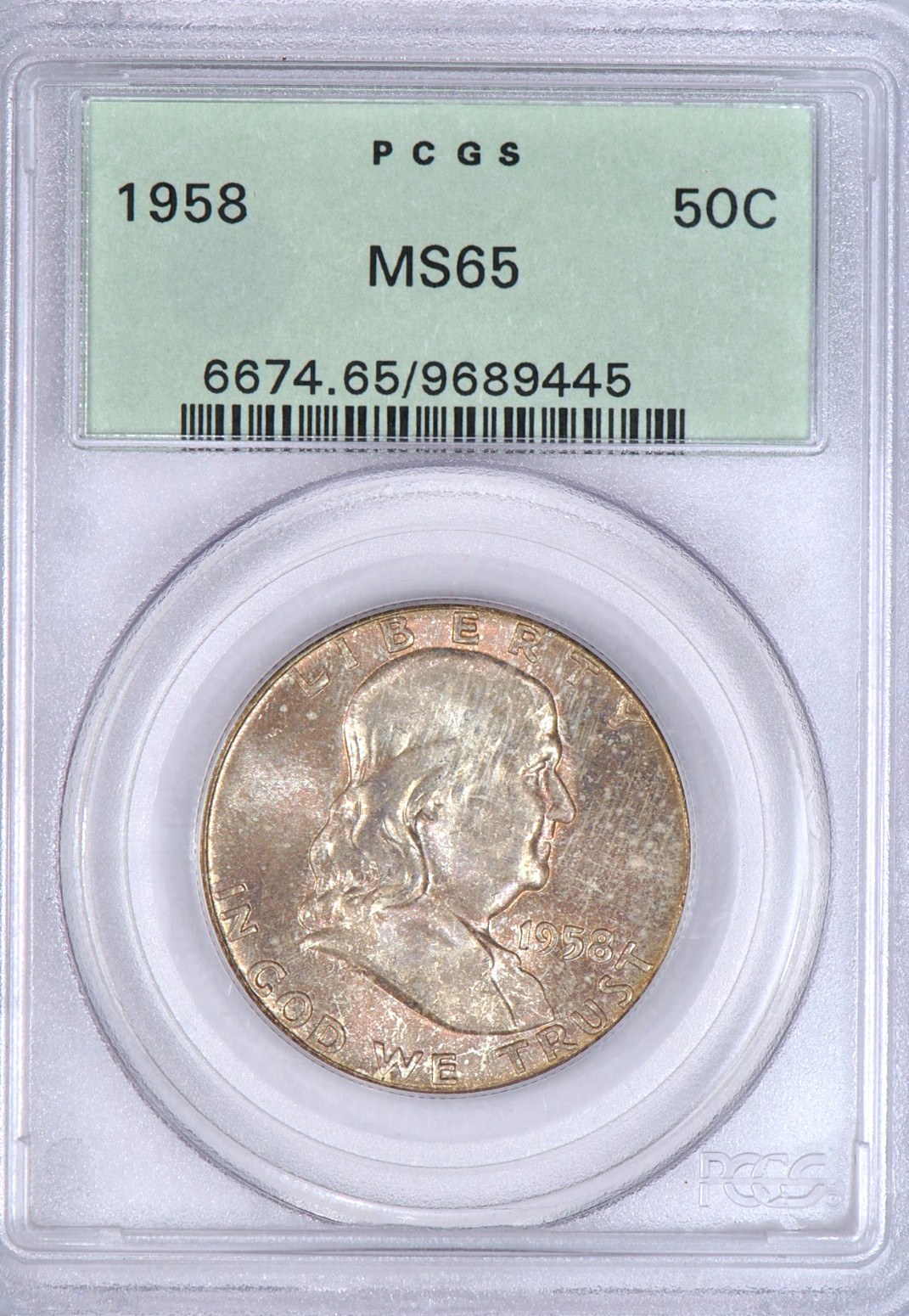 1958 Toned Franklin Half Dollar PCGS OGH MS 65 See Video Old Holder Coin 50C
