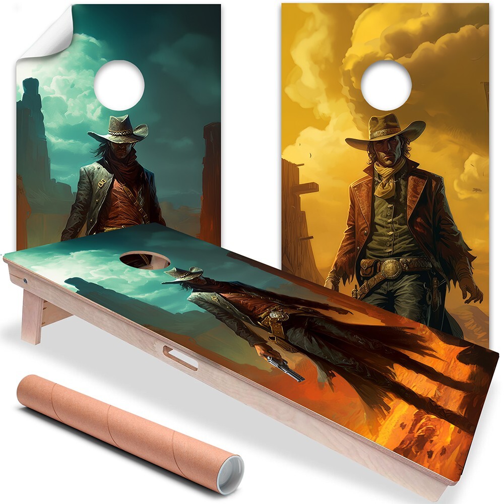 Dueling Cowboys Art Illustration Cornhole Wraps Stickers Cornhole Skins Cornhole