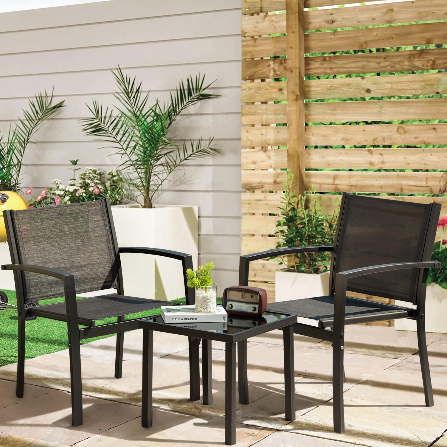 3 Pieces Patio Furniture Outdoor Bistro Set Textilene Fabric Chairs for Lawn, Ga