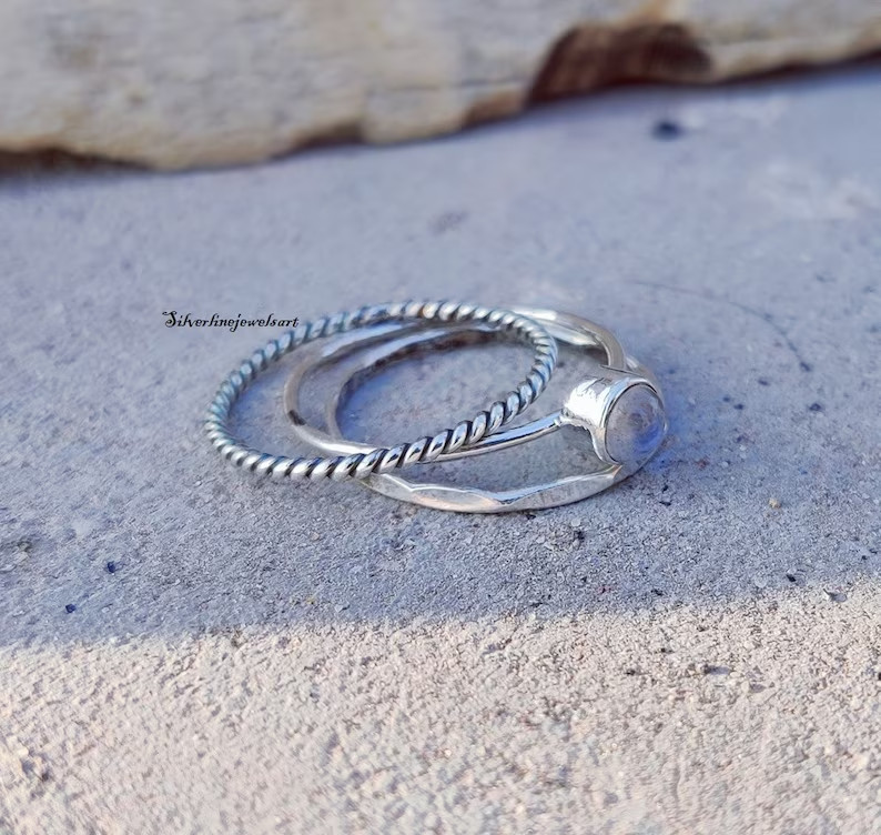 Handmade Moonstone Stacking Ring: 925 Sterling Silver Band Ring All Size