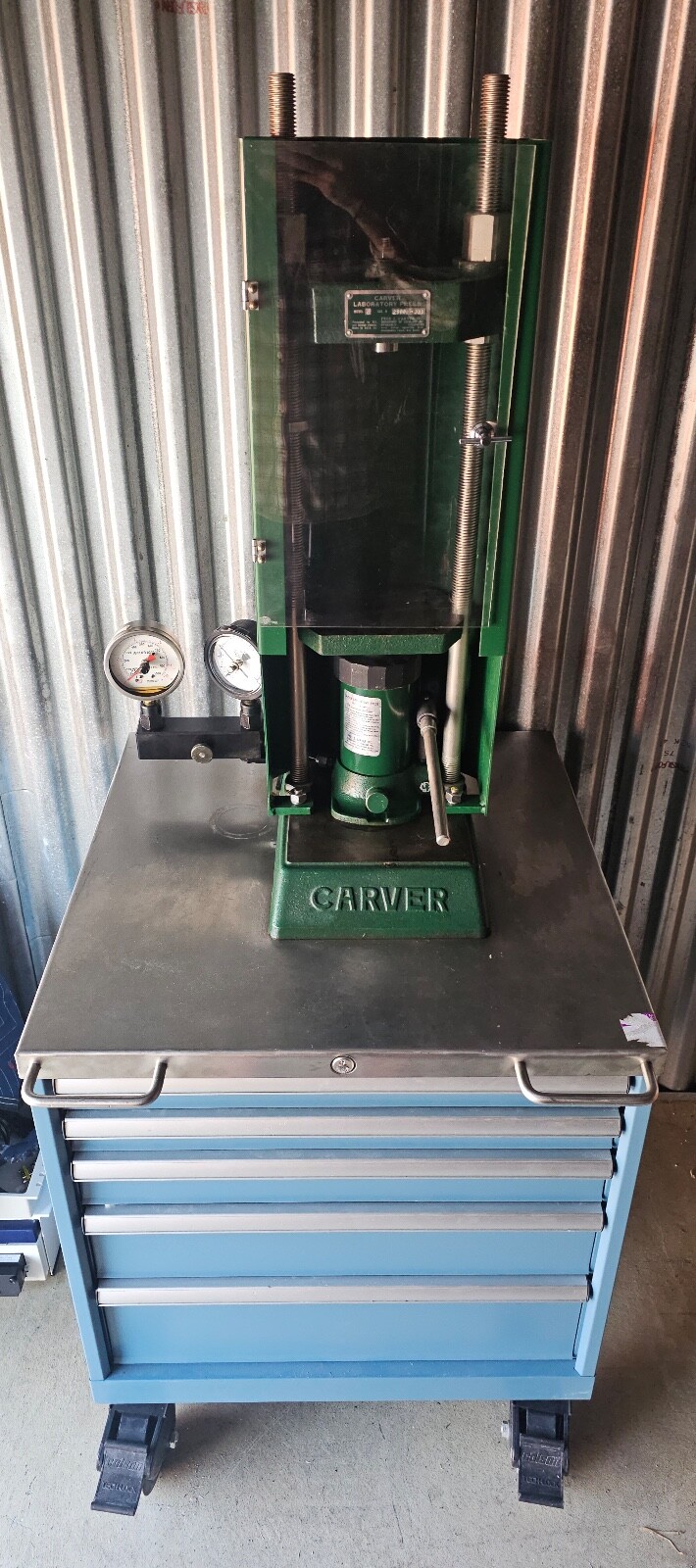 Carver Model C Lab Press 12 Ton Hydraulic Bench Top w/ Tool Box, Dies, More +WAR