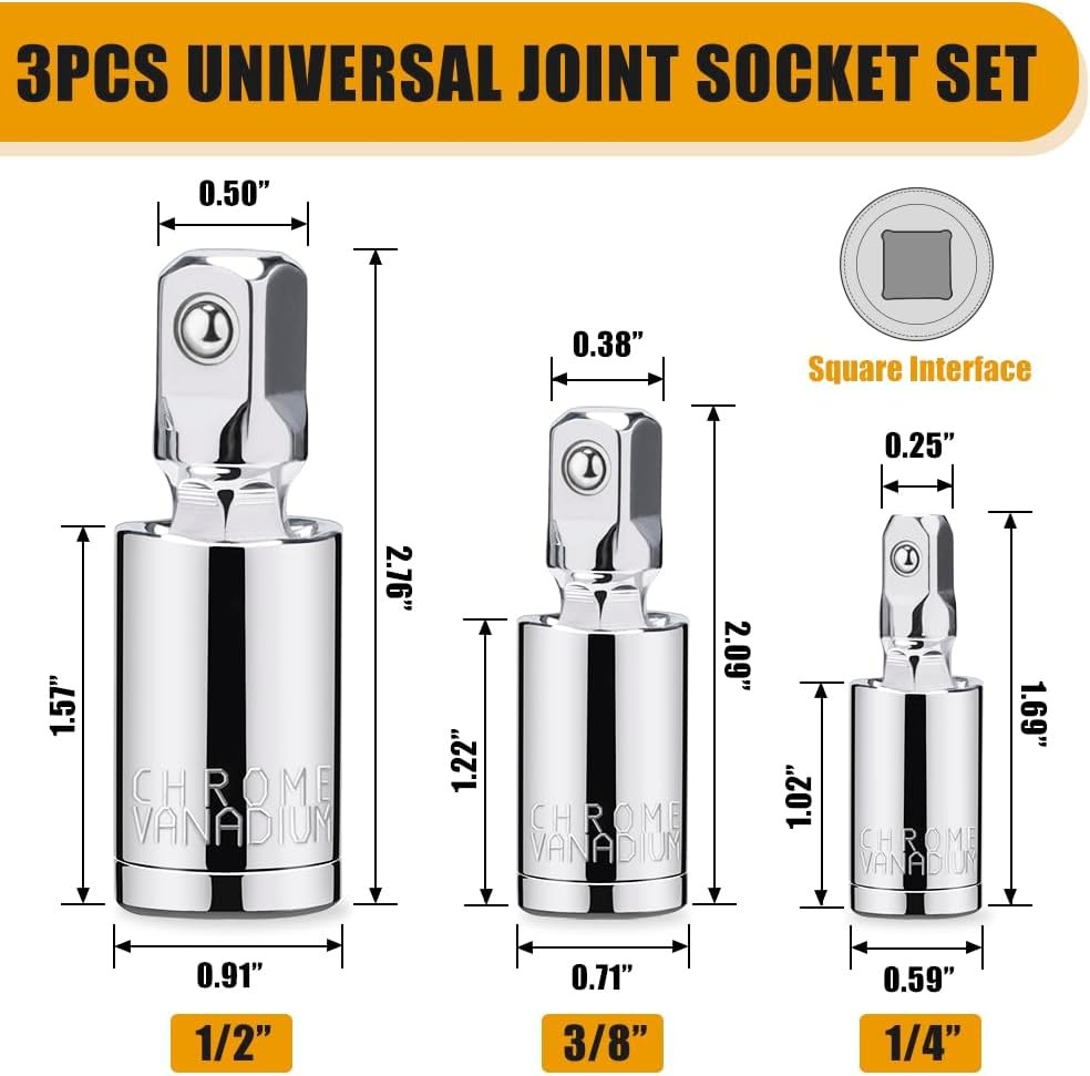 3PCS Universal Joint Socket Set, 1/4” 3/8” 1/2” Drive Swivel Socket Adapter Set,