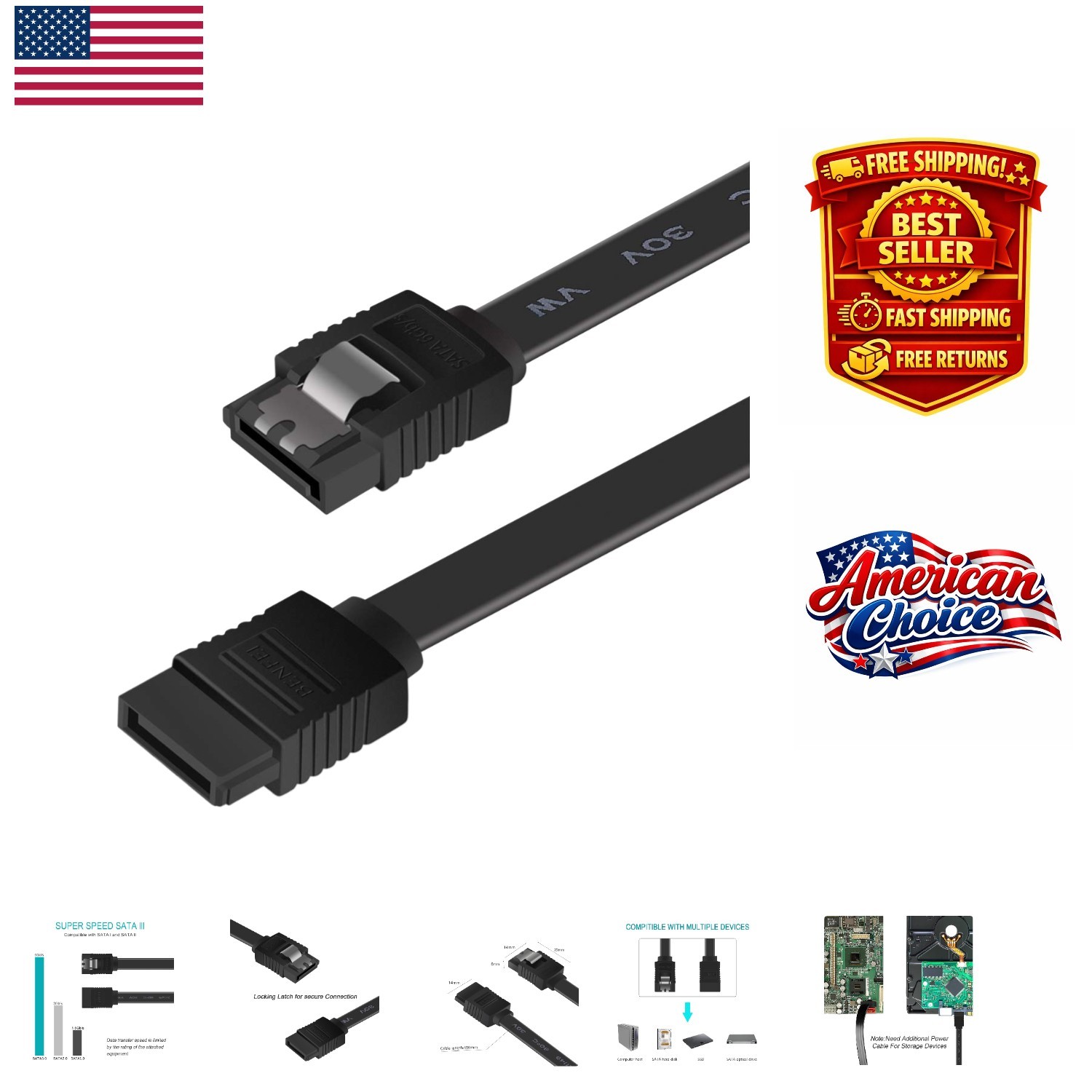 SATA III 6Gbps Data Cable with Locking Latch – 18 Inch, Cost-Effective Solution