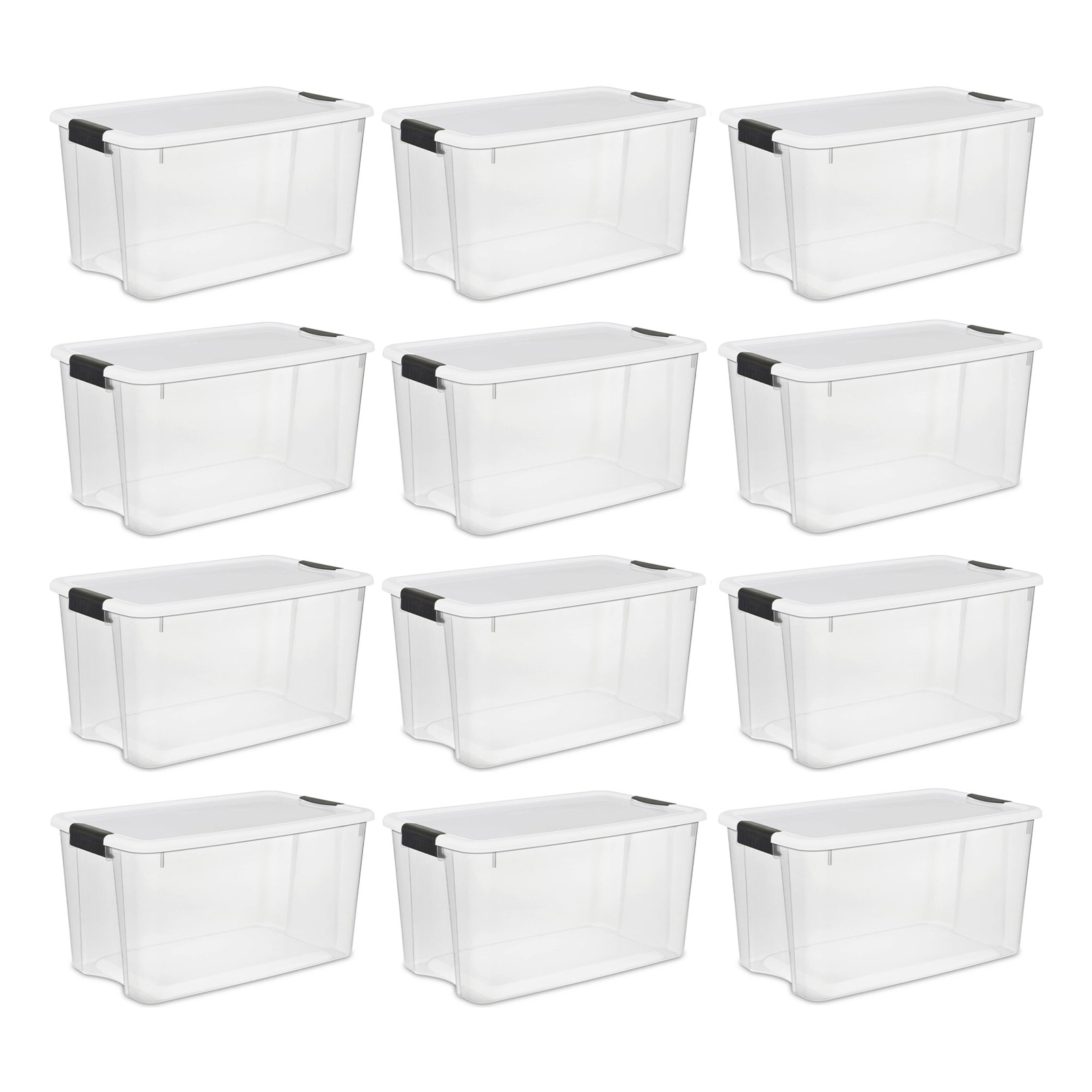 Sterilite 70 Qt Clear Plastic Stackable Storage Bin w/ White Latch Lid, 12 Pack