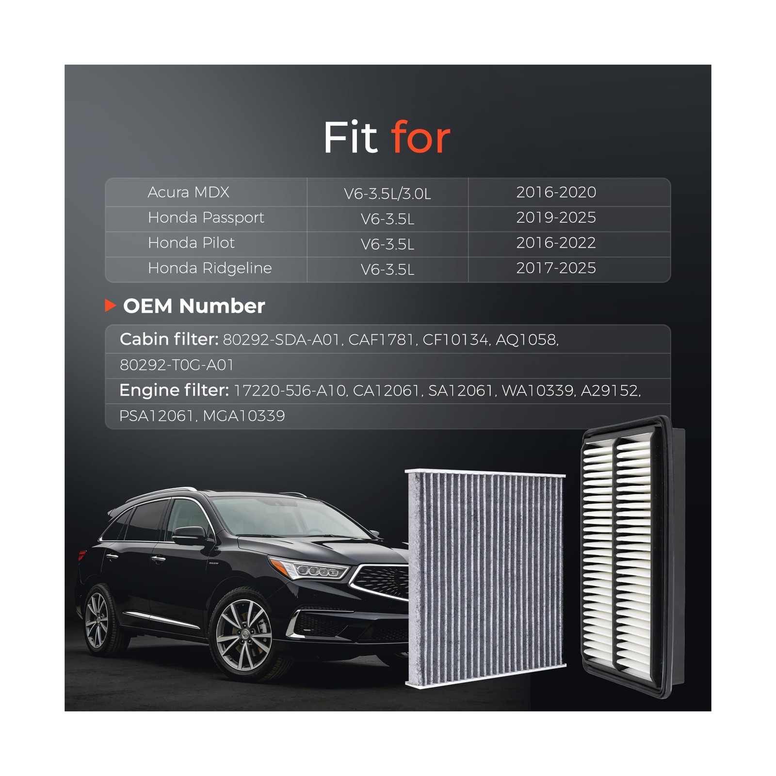 Engine & Cabin Air Filter Kit Compatible with Honda Pilot 2016-... FAST USA SHIP