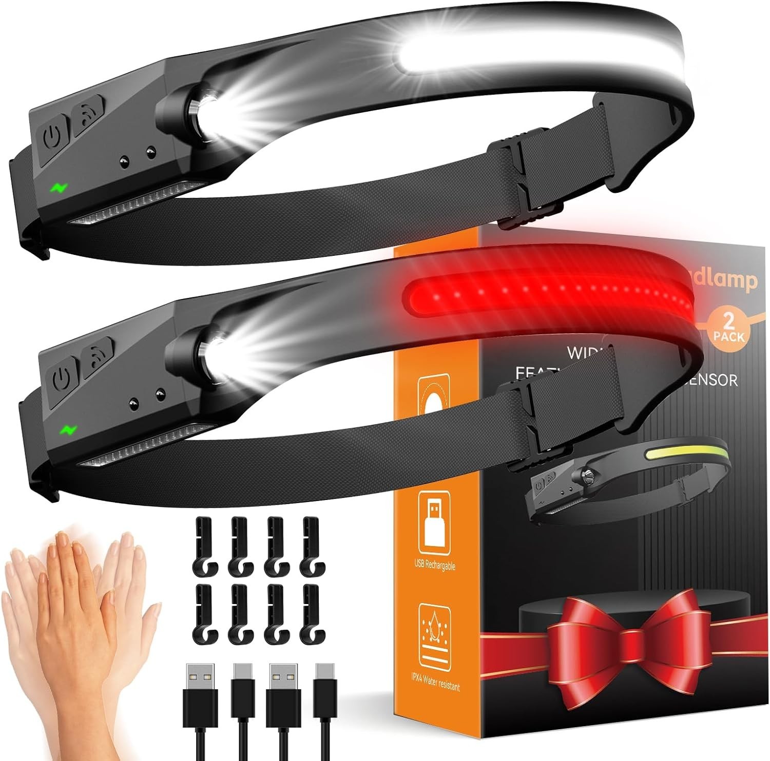 Headlamps Rechargeable with Red Light 2 Pack, Wide Beam Running LED Head Lamp...