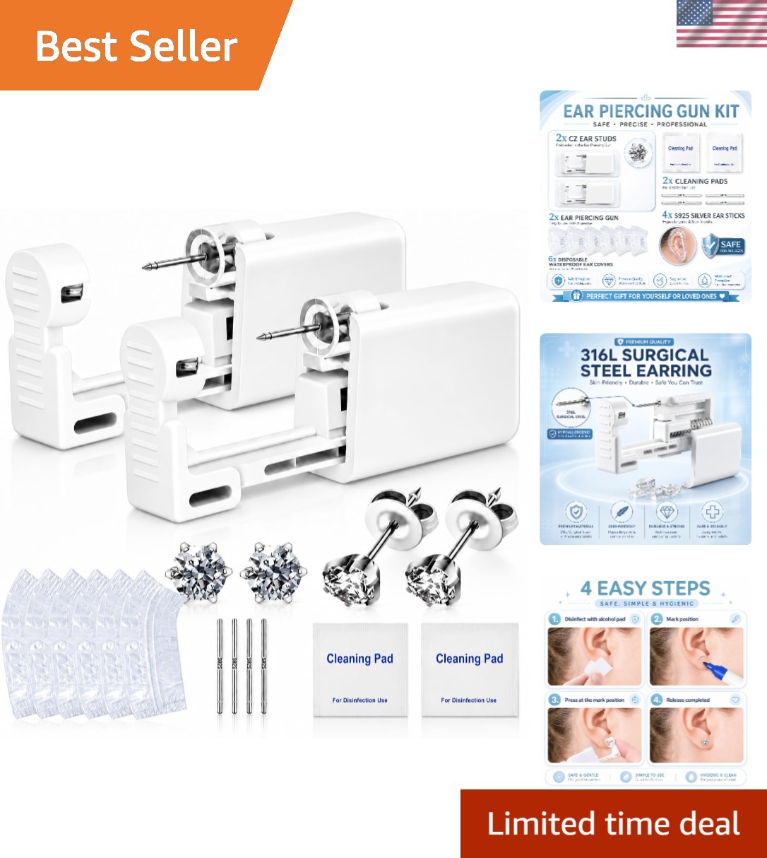 Complete Ear Piercing Kit - 2 Disposable Guns with 5MM CZ Studs & Accessories