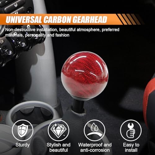 Carbon Fiber Shift Knob, Car Round Ball Gear Shifter Knobs with 3 Adapters, Red