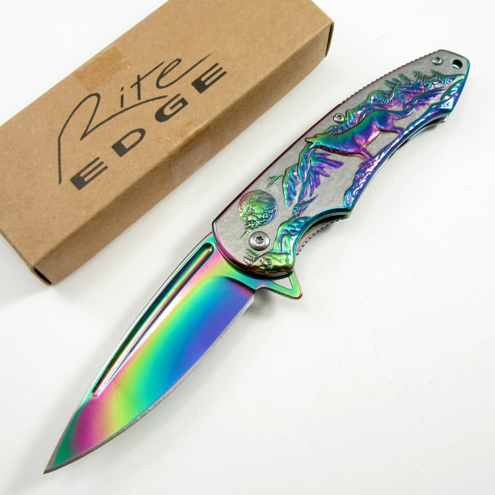 SPRING-ASSIST FOLDING POCKET KNIFE | Rainbow Blade Howling Wolf Tactical Hunter