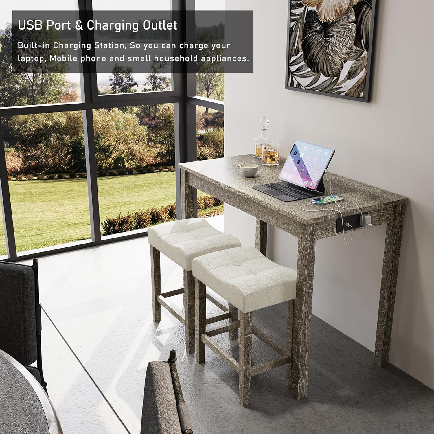 3-Piece Counter Height Bar Table Set with Socket and 2 Fabric Padded Bar Stools,