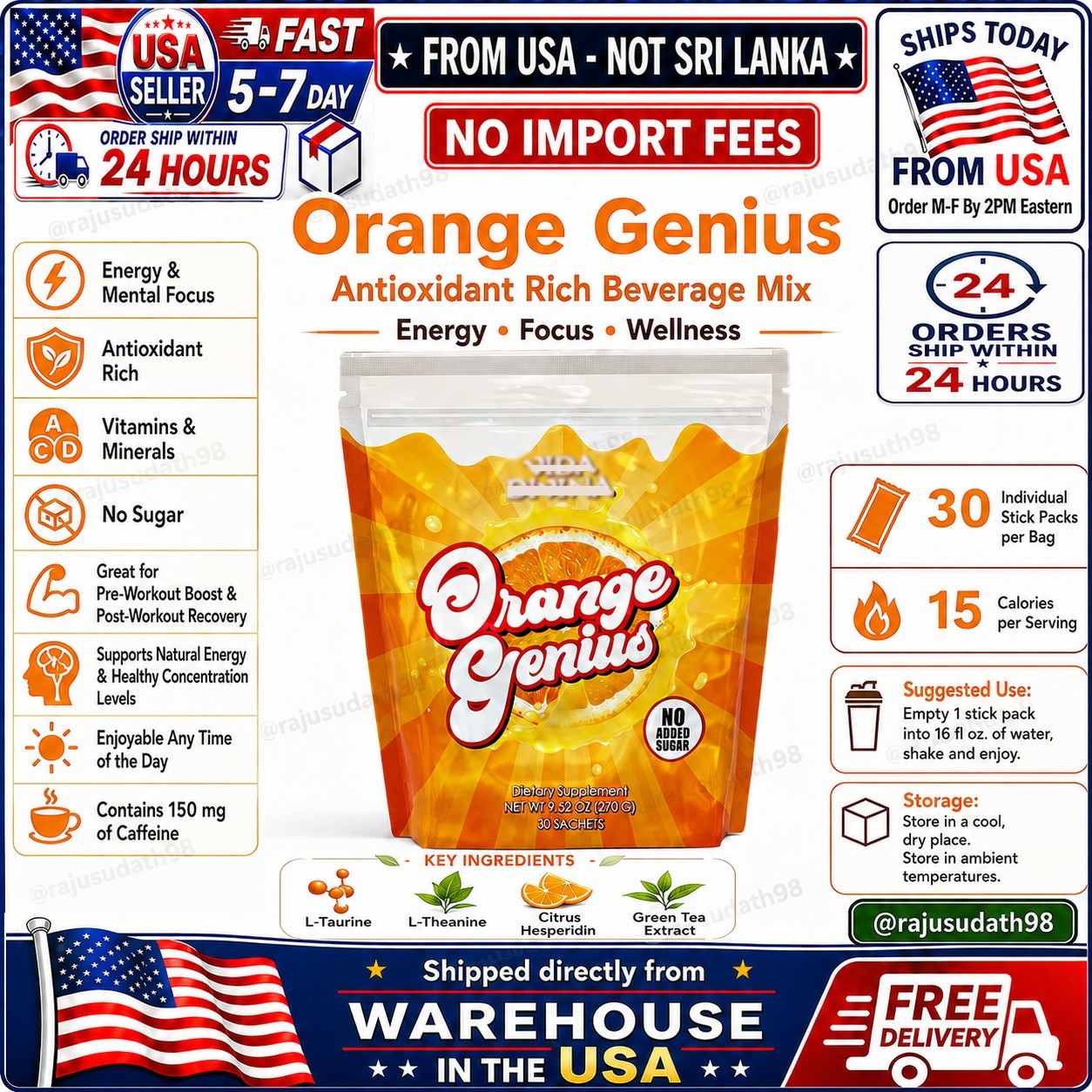 Orange Genius Energy Focus Drink 30 Stick Packs No Sugar - New Sealed🚚FromUSA🚚