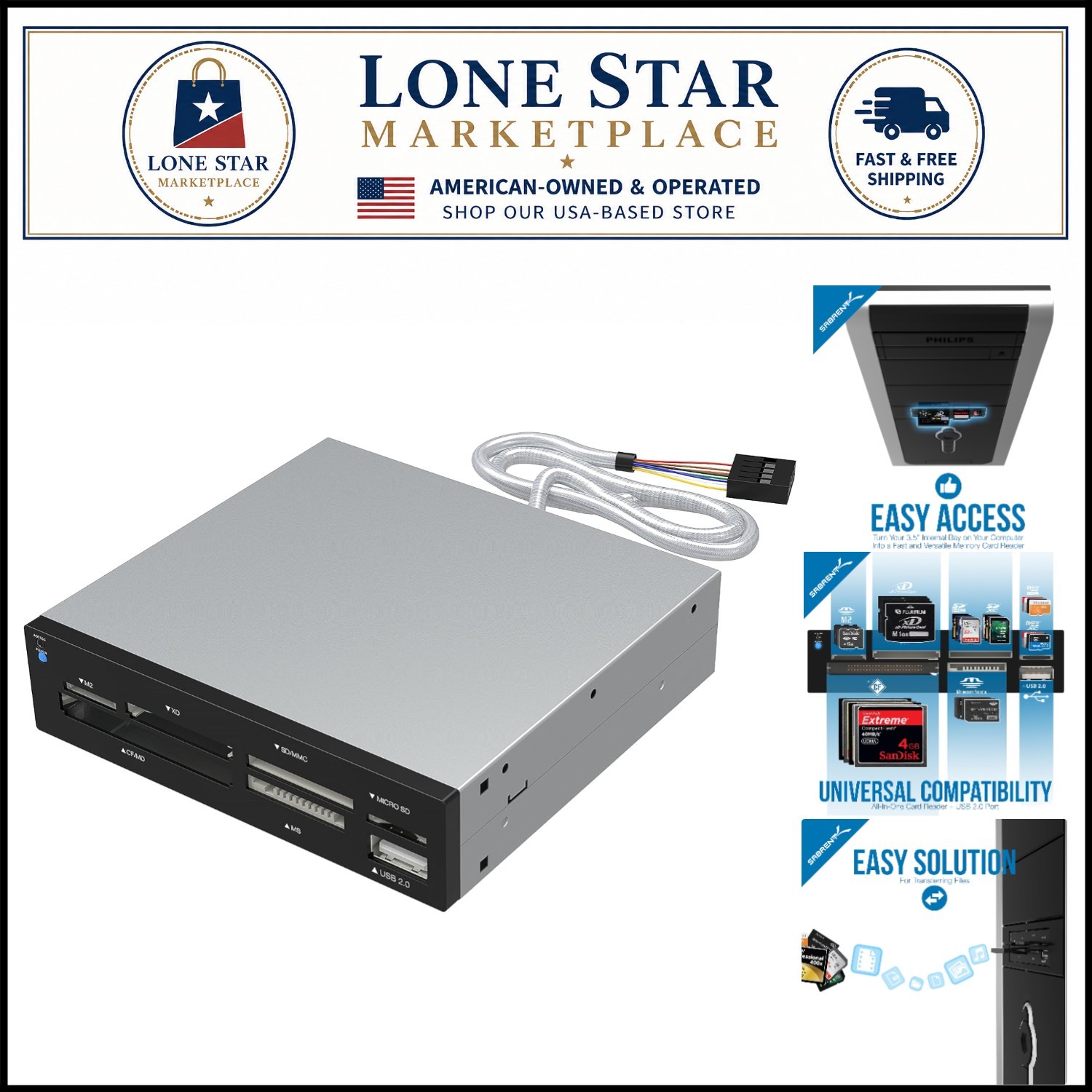 High-Speed 74-in-1 Card Reader/Writer with 6 Slots - Plug and Play, Black/Silver