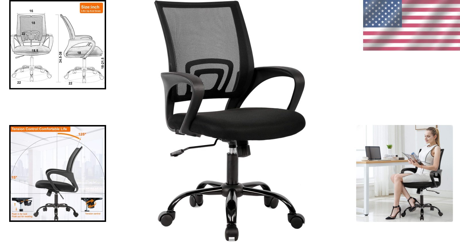 Modern Adjustable Office Chair with Back Support for Gaming & Office Use, Black