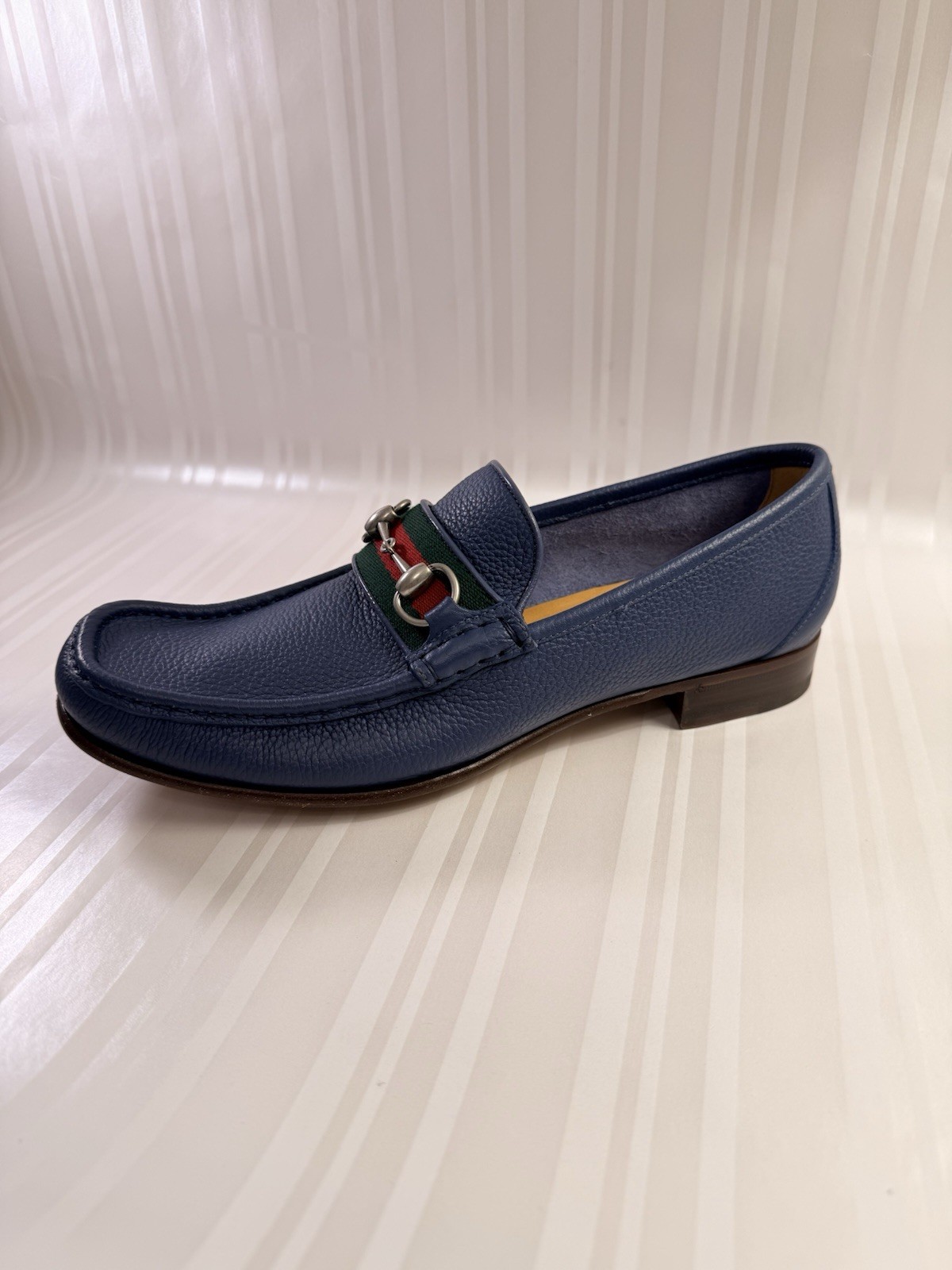 Gucci Blue Leather Horsebit Web Stripe Loafer Men's Dress Shoes Size 9.5 UK