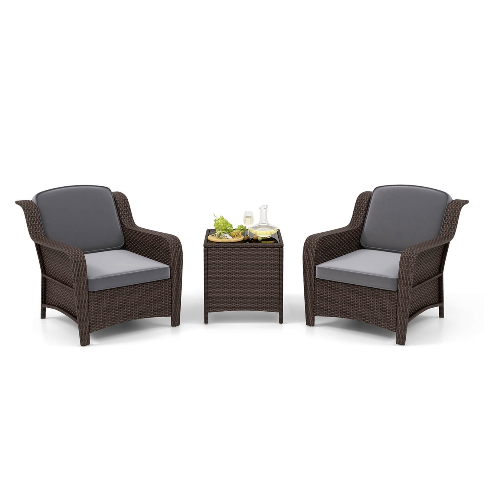 Set of 3 Furniture Set w/ Cushions & Tempered Glass Coffee Table Gray
