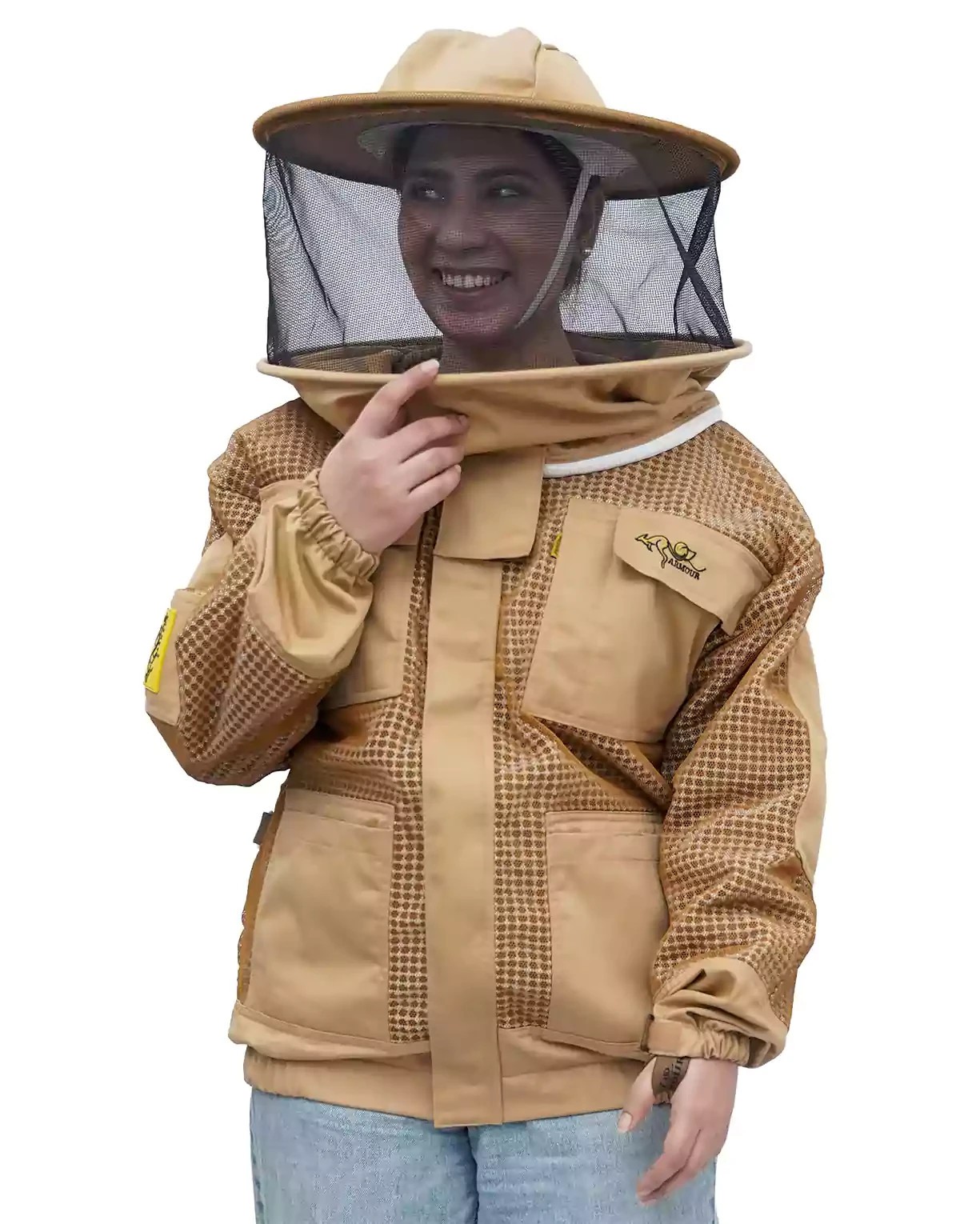 OZ ARMOUR Khaki 3 Layer Mesh Ventilated Beekeeping Jacket With Round Hat Veil