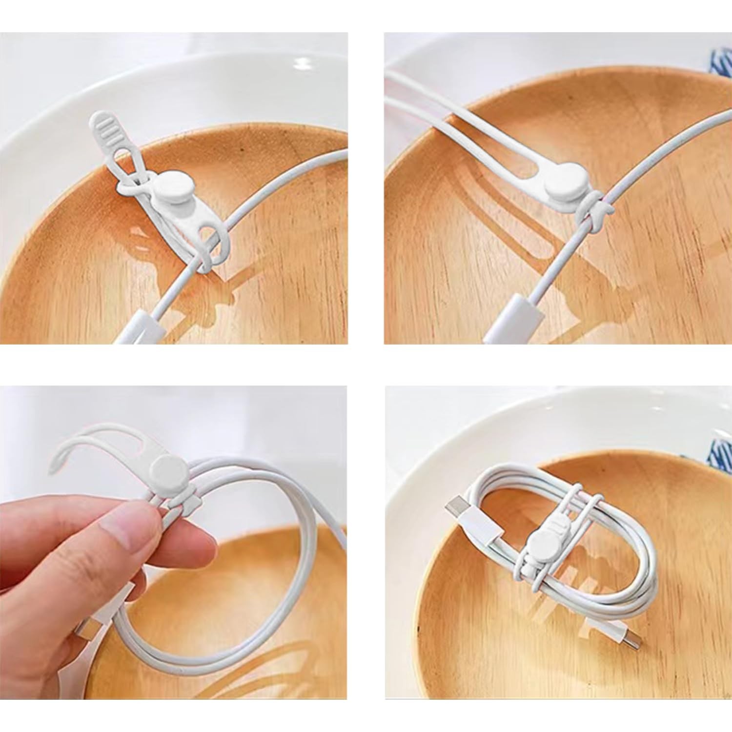 Silicone Cable Ties 10 Pcs White Reusable Cable Holder Elastic Cord Straps Fl...
