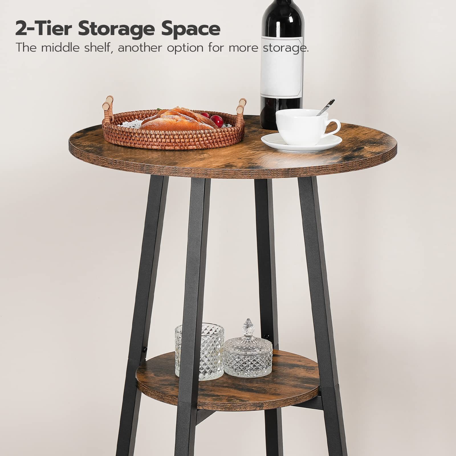 Round Pub Table with Storage, 37.4" High Top for Small Spaces, Easy Assembly, Ru