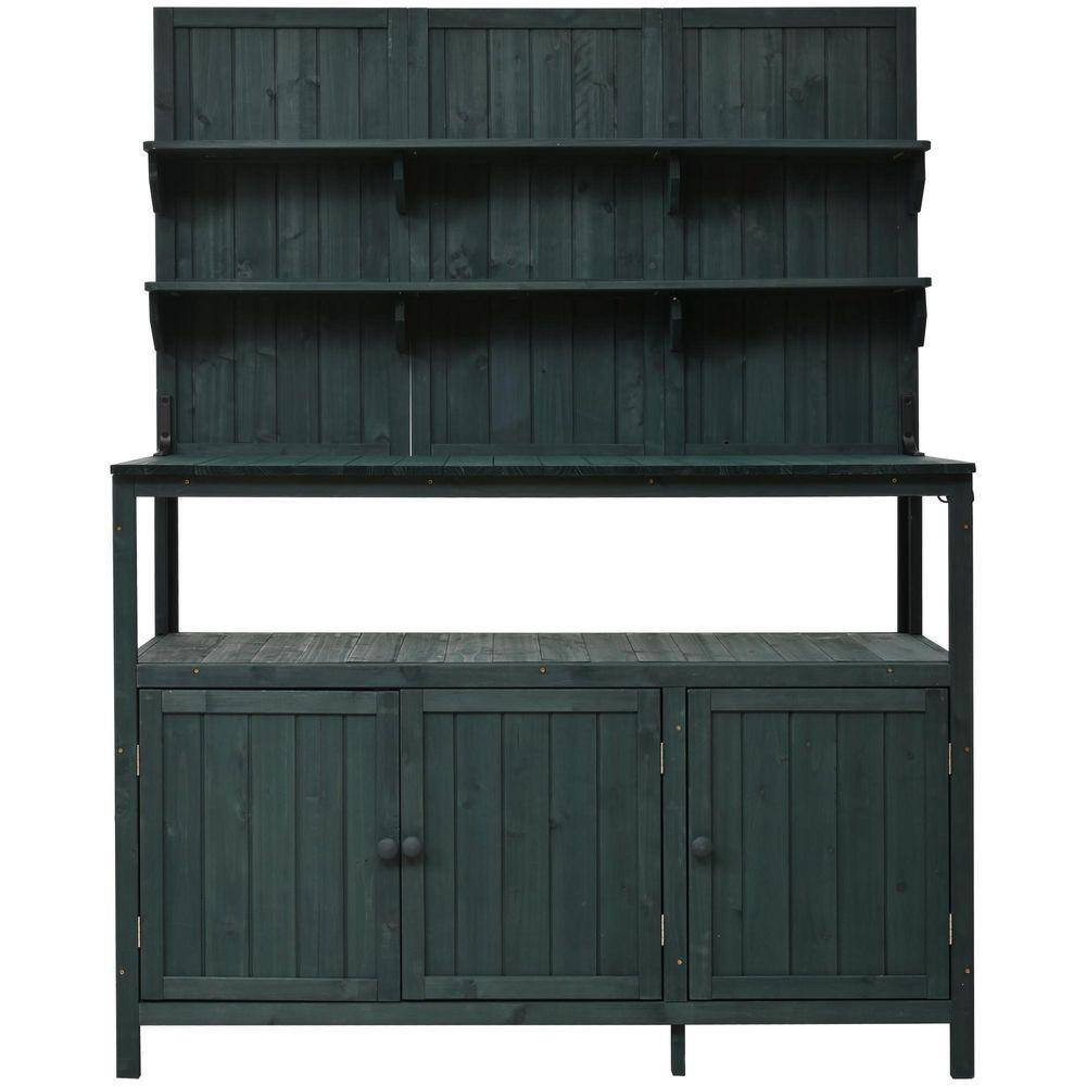 50 In. Green Outdoor Garden Wood Potting Bench Table with 2 Shelves, 2 Cabinets