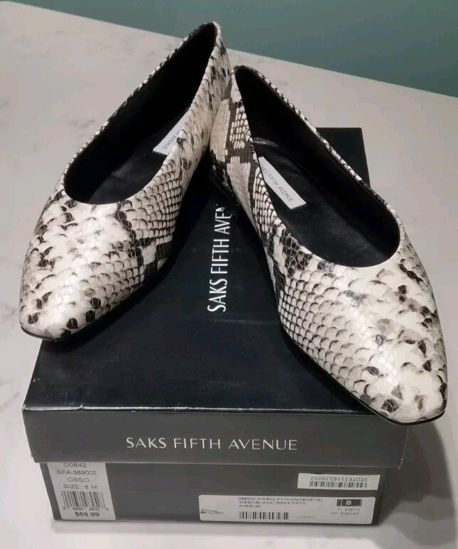 Saks Fifth Avenue Women's Embossed Python Black White Flats Size 8
