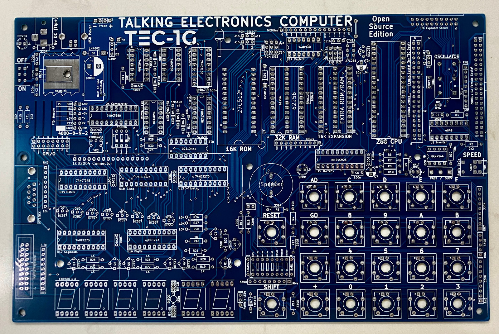 TEC-1G Z80 Single Board Computer PCB (BLUE!) + Power Switch + 8Bar LED