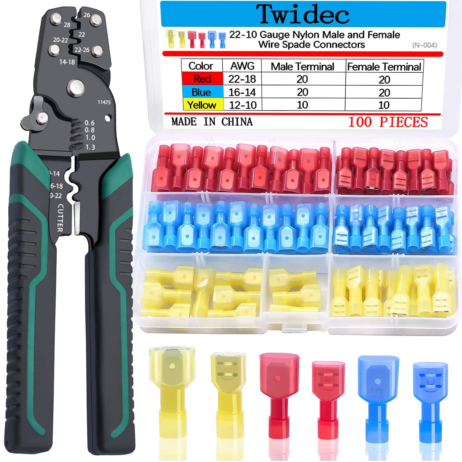 100PCS Fully Insulated Nylon Spade Connectors Kit 22-10 Gauge Quick Disconnect