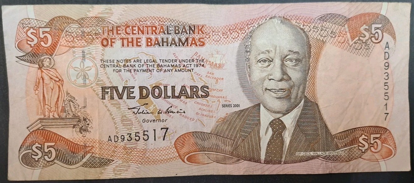2001 Bahamas 5 Dollars P63b sig Francis, AD935517.