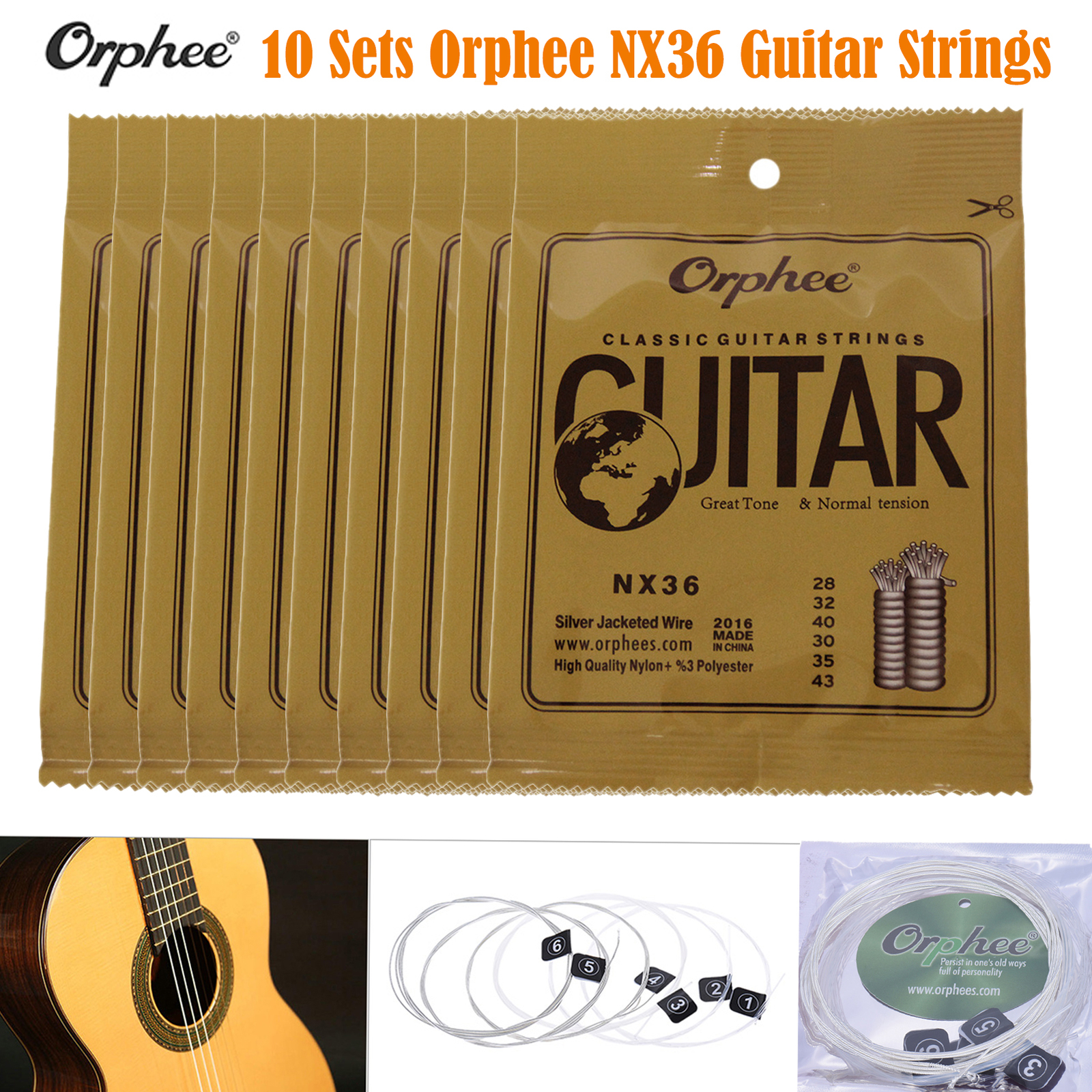10 Sets of 6 Orphee NX36 Classical Guitar Strings Nylon Strings Replacement P3W9