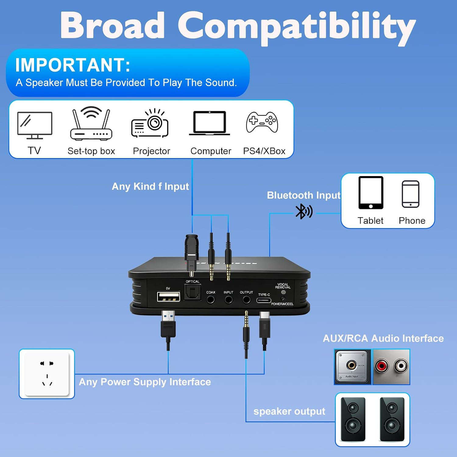 Wireless Microphone Karaoke System with RCA and AUX Audio Interface Output, Supp