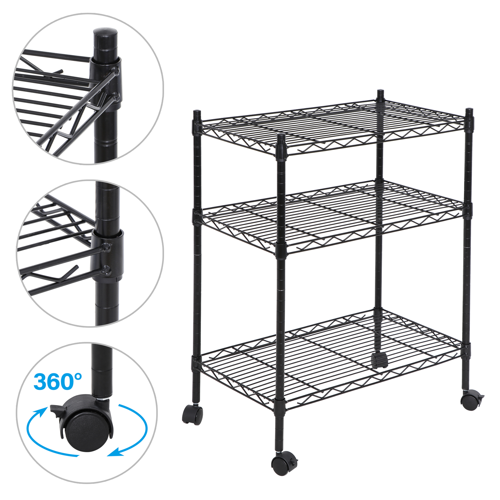 Unit Shelving Metal 3 Tier Wire Rack Organizer Adjustable Shelve with 4 Wheels