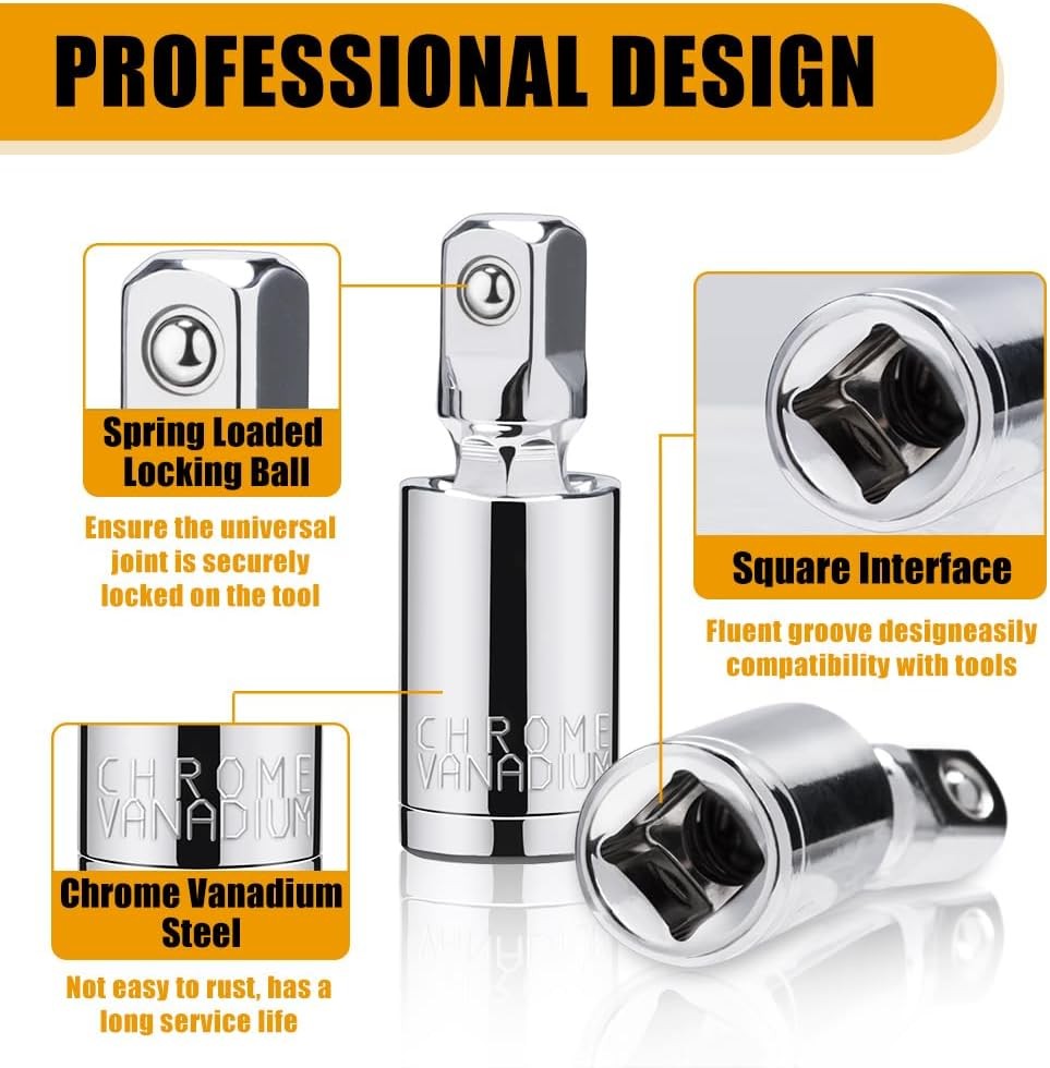 3PCS Universal Joint Socket Set, 1/4” 3/8” 1/2” Drive Swivel Socket Adapter Set,