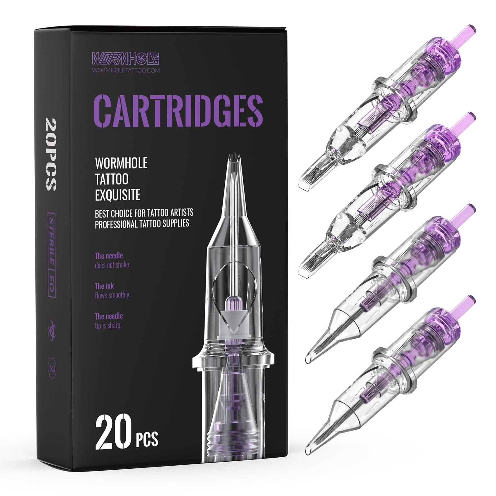 Wormhole Tattoo Cartridge Needles, 20pcs Mixed: 3RL, 5RL, 5RM, 7RM, Clear