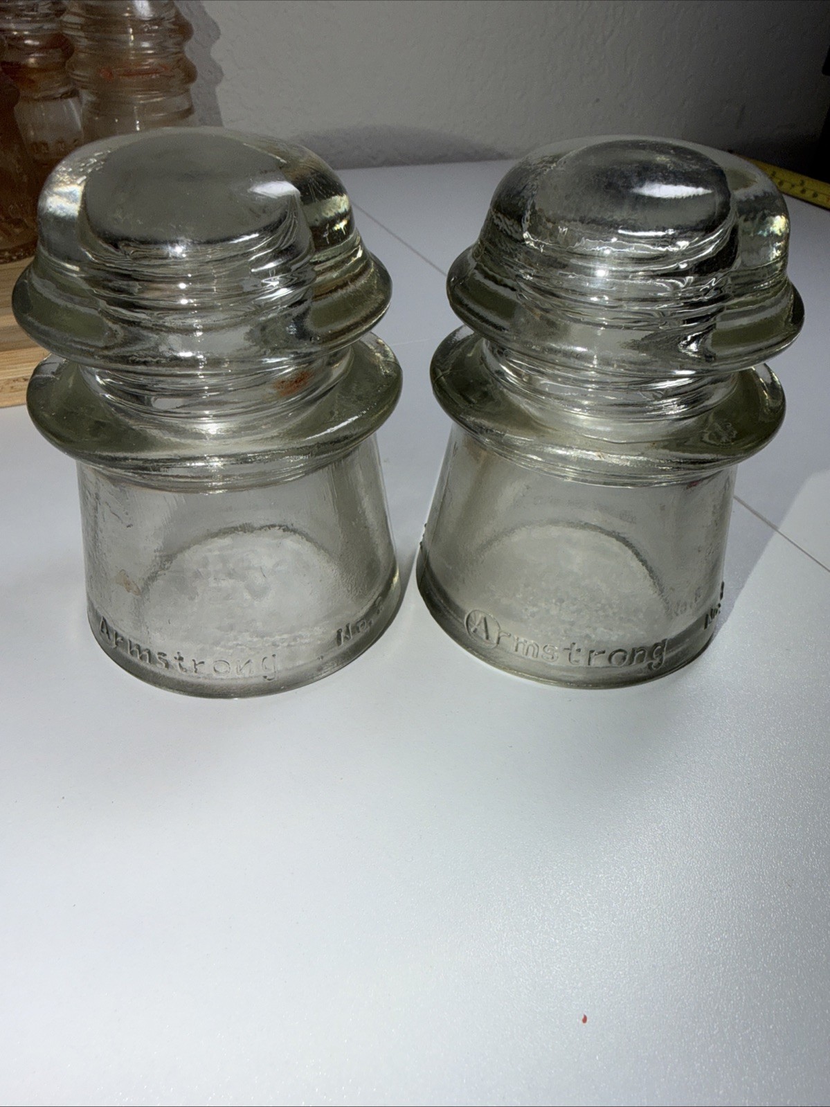 Lot of 2 Vintage Armstrong No. 2 Glass Insulators Clear Utility Telegraph