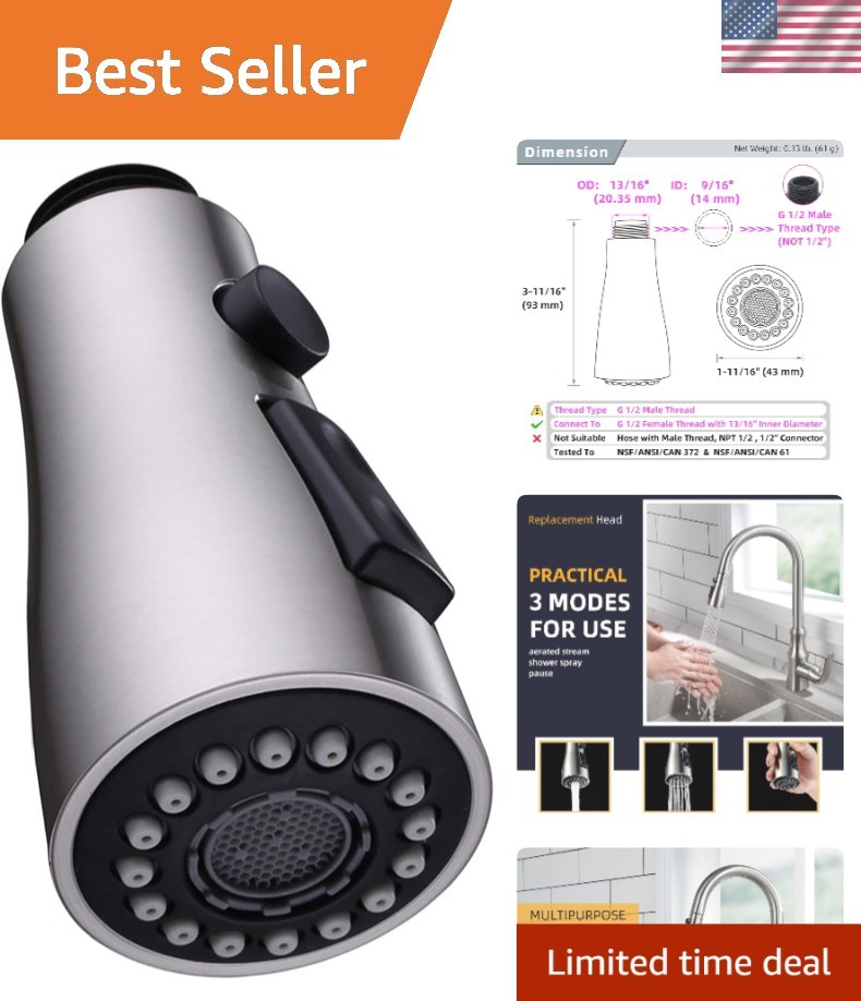 NSF Certified Kitchen Faucet Head with Stream, Spray & Pause, G 1/2 Connection